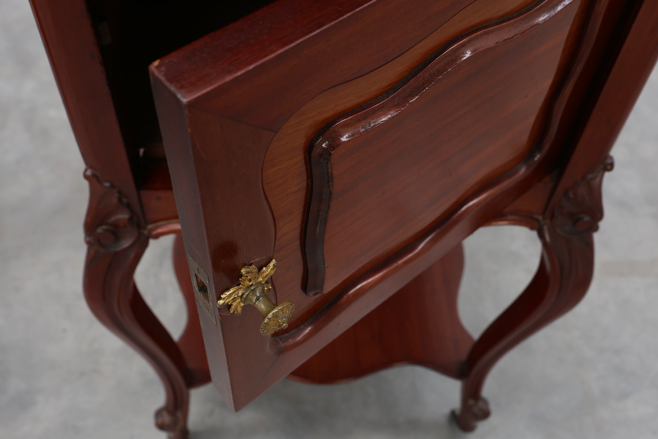 Pair of Walnut Louis XV style nightstands with Carrara marble tops, France ca. 1900thumbnail